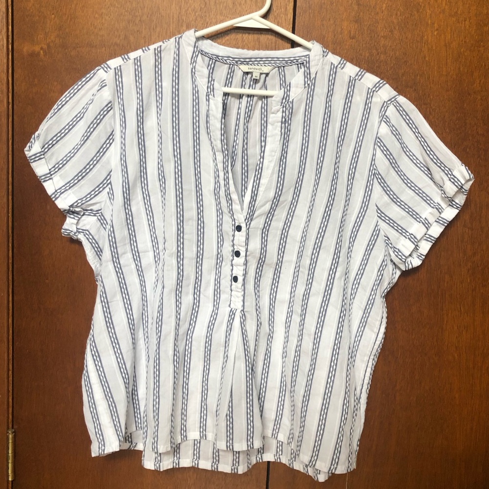 Women’s White Navy Stripe Short Sleeve Blouse Sandwich Sz 44 bohemian nautical